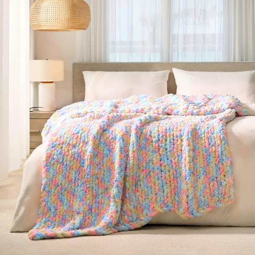Image of L'AGRATY Chunky Knit Throw Blanket for Couch, 60 x 80 Inches, Rainbow