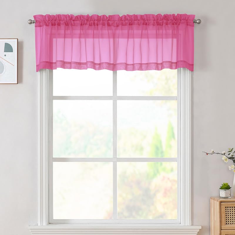 Image of Hot Pink Sheer Valances for Windows 14 Inch Length 2 Pcs, Light Filtering Short Kitchen Curtains, Top Dual Rod Pocket Small Curtains for Living Room Bedroom Basement, Each 42Wx14L Inches