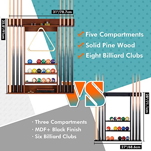 Xcsource Pool Stick Holder Wall Mount, 8 Pool Cue / Billiard Cue Rack, Made Of 100% Solid Pine Wood, Pool Table Accessories For Billiard Room Or Club (Cue Rack Only) #TOP1