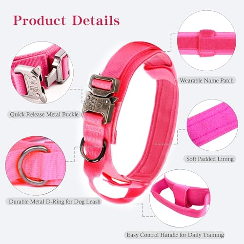 Image of Tactical Dog Collar and Leash Set Adjustable Military Nylon Dog Collar with Control Handle and Heavy Duty Metal Buckle for Large Dogs(Pink XXL