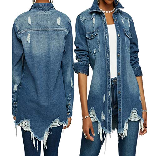 Lookwoild Womens Denim Coats and Jackets Long Sleeve Button Down Ripped Jean Jacket Oversize Denim Outerwear (Dark Blue-B, XXXL)