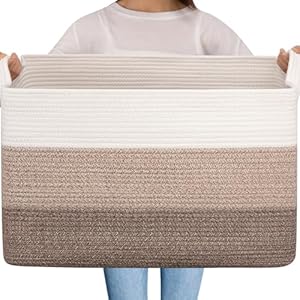 OIAHOMY Extra Large Blanket Basket, 90L Cotton Rope Woven Laundry Basket, Toy Basket for Baby Room, Basket for Blanket Storage in Living Room, 24”×16.5”×14”, Gradient Brown