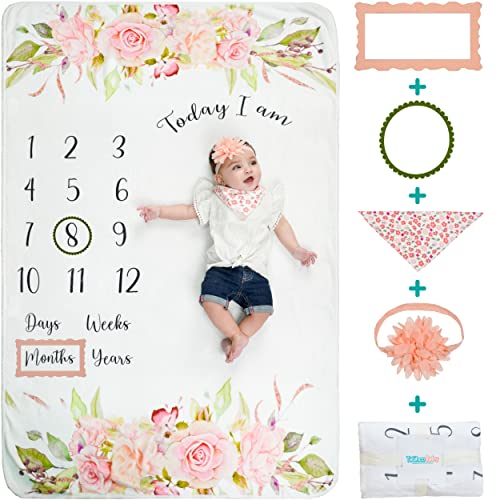 Image of Tälihco Baby Milestone Blanket for Baby Girl, Boy – 60X40 Inch Premium, Soft & Lightweight Fleece Blankets - Breathable, Clear-Printing, Washable – Floral Design Headband, Bib & 2 Milestone Frames