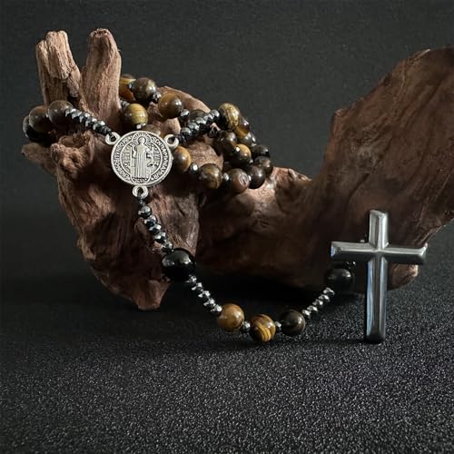 Bovemee San Benito Medalla Catholic Rosaries Rosary Cross Necklace For Men, Nature Stone Rosary Beads Christian Prayer For Catholic Gift2
