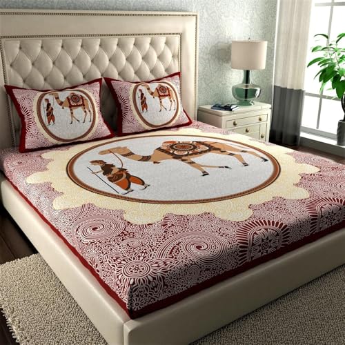 Image of La Verne 104 TC Cotton Double Bed Bedsheet Jaipuri Rajasthani Print Bedsheet with 2 Pillow Covers (Red s)