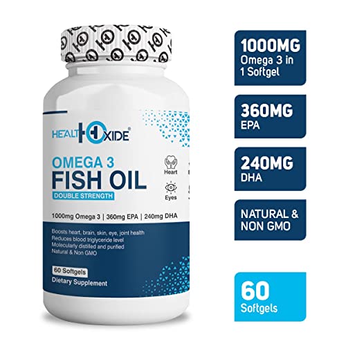 Image of HealthOxide Omega-3 Fish Oil 1000mg with 360mg EPA & 240mg DHA | Double Strength Burpless Omega 3 Softgels for Heart Brain Eye & Joint Support | Mercury Free Keto Friendly Fish Oil | 60 Capsules