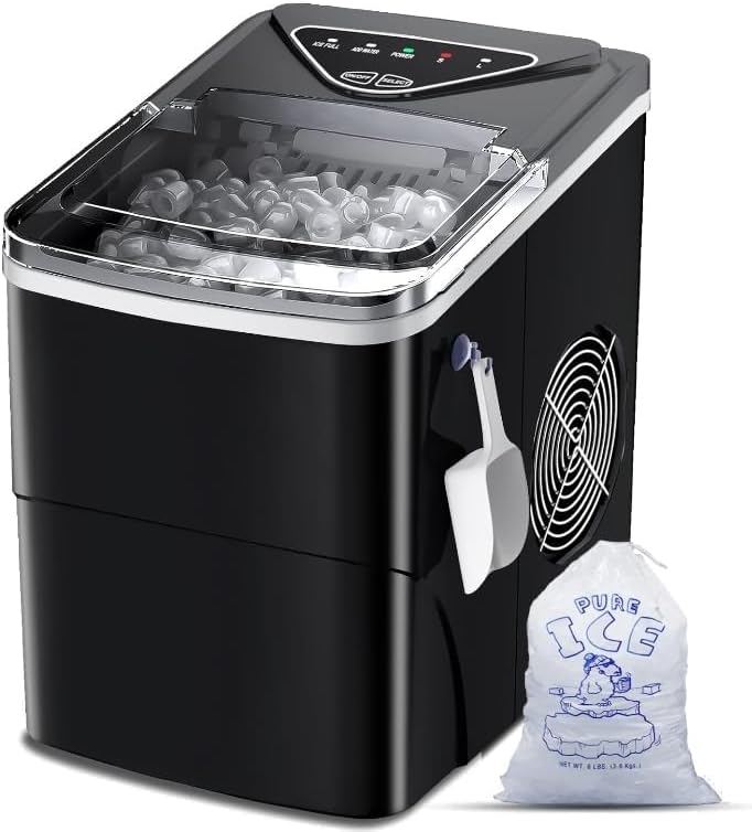 Ice Makers Countertop, Self-Cleaning Function, Portable Electric Ice Cube Maker Machine, 9 Bullet Ice Ready in 6 Mins, 26lbs 24Hrs with Ice Bags and Scoop Basket for Home Bar Camping RV(Black)