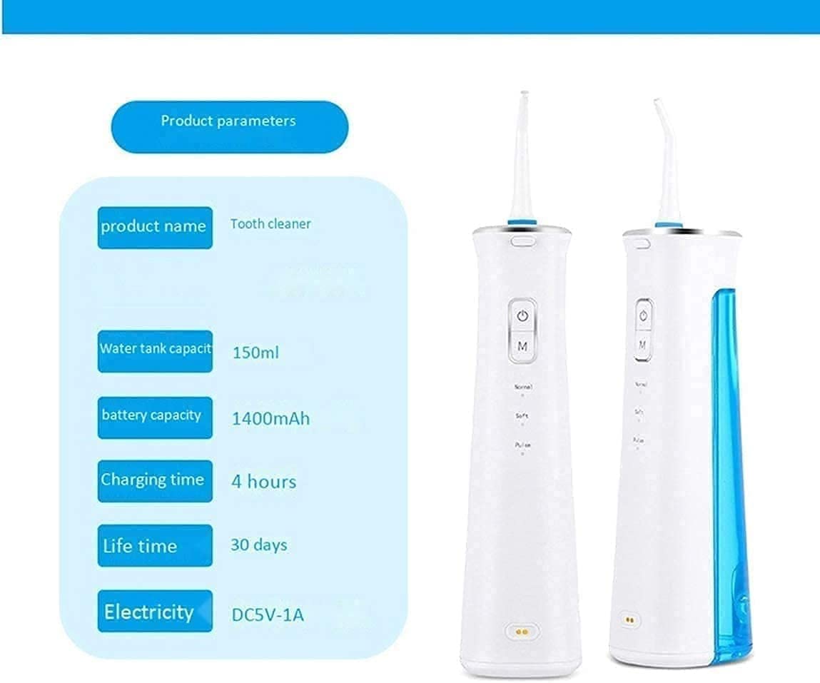 GeRRiT Flosa de Agua portátil de Limpiador de Dientes,USB Reparador Oral de Limpiador de Dientes inalámbricos Recargables, con 3 Modos, Tanque de Agua de 150 ml, LCD Indicador de batería y Boquilla