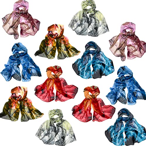 Xtinmee 12 Pcs Scarfs for Women Lightweight Print Floral Pattern Scarf Fashion Silk Scarves Long Chiffon Shawl Christmas Party Gifts, 6 Styles