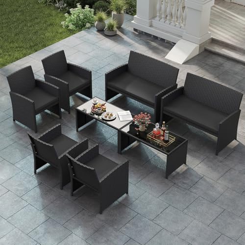 Image of Tangkula 8 Pieces Patio Wicker Furniture Set, Outdoor Heavy Duty Rattan Cushioned Chairs, Loveseat and Tempered Glass Coffee Table, for Backyard, Balcony, Poolside (2, Black)