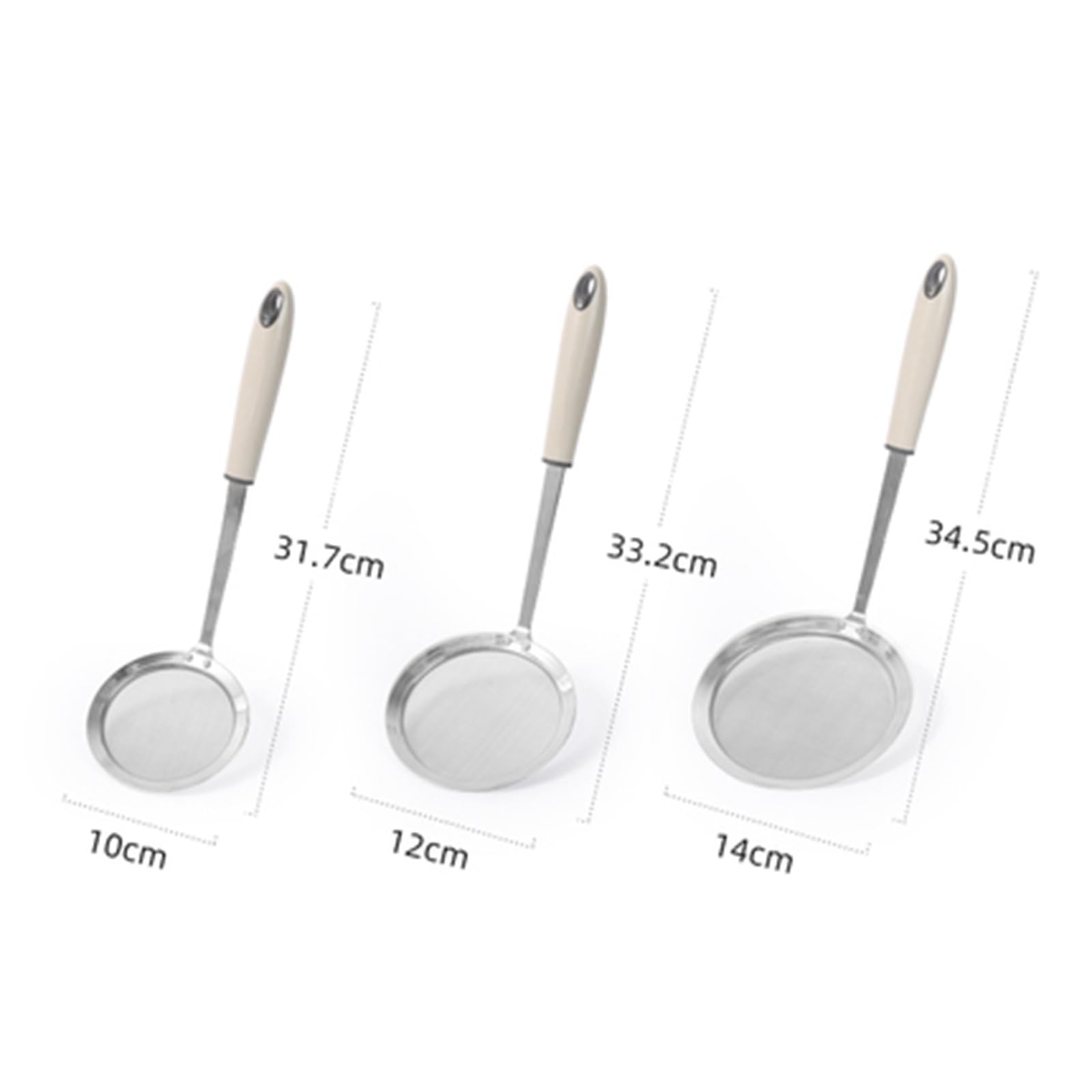 Colador de acero inoxidable 304, colador de harina de acero inoxidable, colador de malla fina, colador de cocina con asa, colador para el hogar, cuchara con fugas (10 cm, 12 cm, 14 cm)