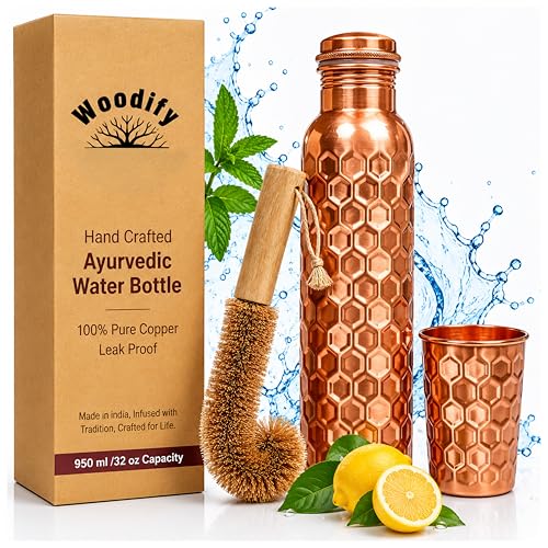 Image of 100% Pure Copper Water bottle 32 Oz with Cleaning brush, Diamond Design | Drink More Water, Lower Your Sugar Intake And Enjoy the Health Benefits Immediately,32 Oz(1 Brush +1Bottle+ 1 Glass) Diamond