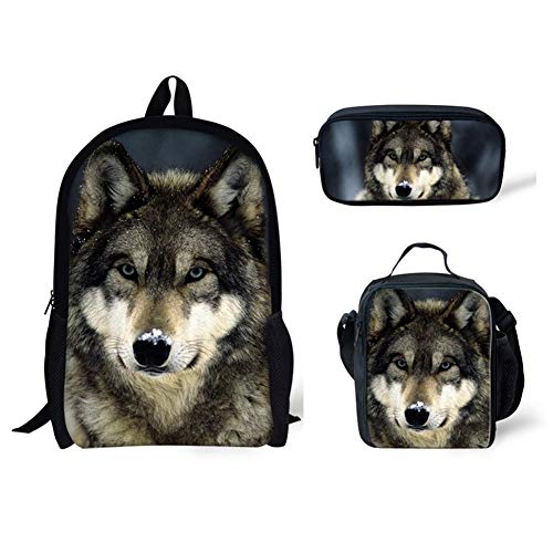 Set di 3 zaini con design dinosauro borsa per la scuola portapranzo resistente confortevole casual per andare a Lupo Taglia unica Zaini Daypack