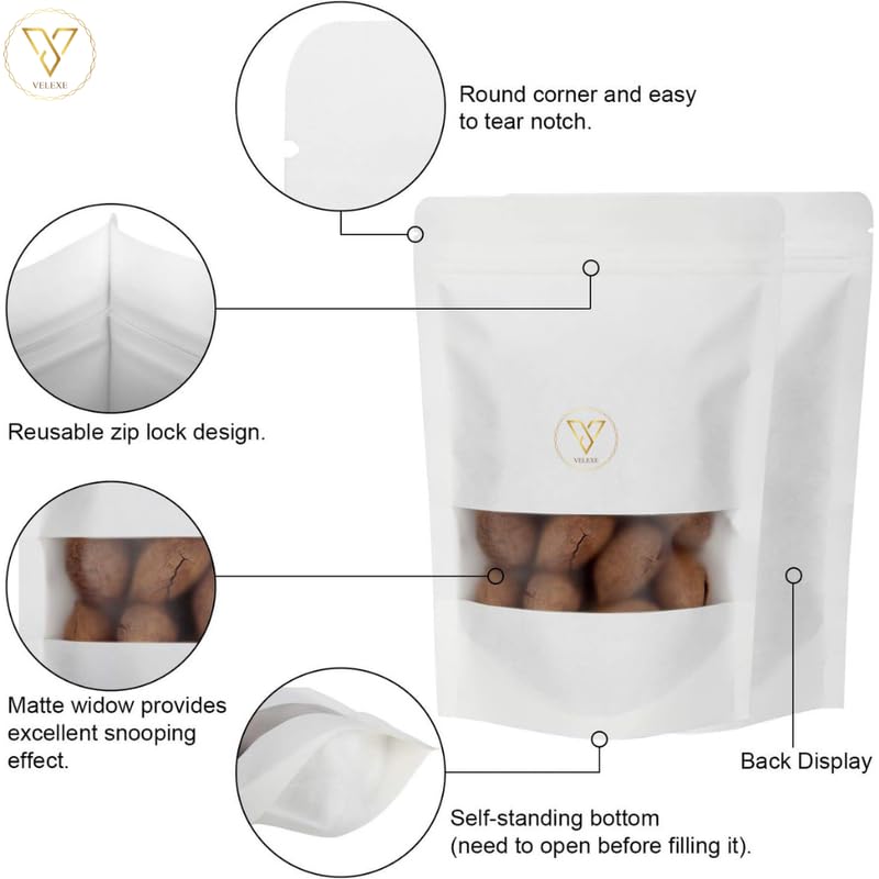 Image of White Matte Zip Lock Stand Up Pouches | 120mm*200mm | 100 Grams | Pack of 200 | Reusable, Leakproof & Airtight Multi-Purpose Pouches with Self-Sealing Technology