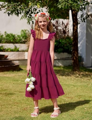 RETSUGO Girls Dresses Summer Flutter Sleeve Swing Casual Solid Color Tiered Smocked Dress 6-14 Years Old3