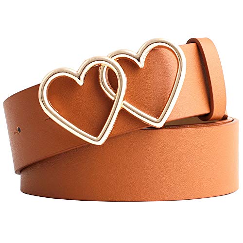 Worry-Free PU Faux Leather Double-Heart Bukcle Waist Belt for Jeans Girls,Womens