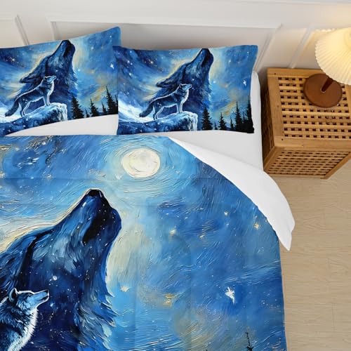 Image of Wolf Comforter Set Twin for Boys Girls,Howling Wolves Night Moon Comforter Mountain Forest Wolf Bed Set,Wild Animals Quilt Set for Adults Kids Bedroom Decor,All Seasons