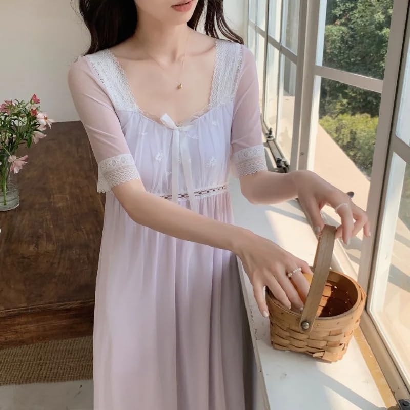 OFFSUM Camisón De Pijama De Mujer - Verano Malla Encaje Bordado Cuello Cuadrado Ropa De Dormir Dulce Tamaño Grande Temperamento Camisón Princesa Ropa De Casa Vestido