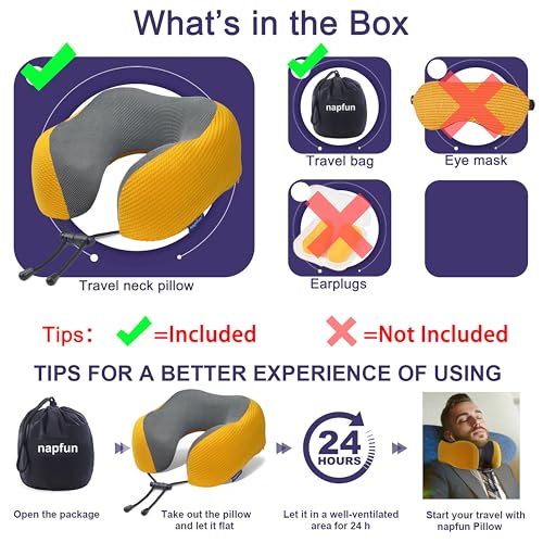 Image of napfun Neck Pillow for Traveling, Upgraded Travel Neck Pillow for Airplane 100% Pure Memory Foam Travel Pillow for Flight Headrest Sleep, Portable Plane Accessories, Yellow