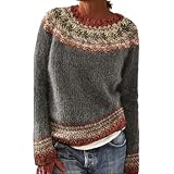 Women's Knitted Fair Isle Print Retro Sweater Casual Loose Crewneck Long Sleeve Lightweight Cropped Pullover Tops