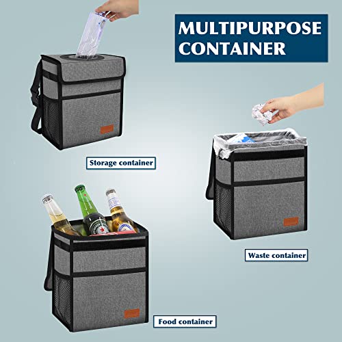 Image of Femuar Car Trash Can Leak Proof Car Trash Bag Waterproof Car Garbage Can with Lid for SUV Front Seat Multipurpose Car Hanging for Headrest Collapsible and Portable with Storage Mesh Pocket, Grey