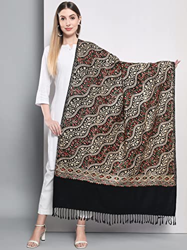 Zamour Kashmiri Royal Nalki Embroidery Indian Traditional Full Size Shawl Wrap (Black)2