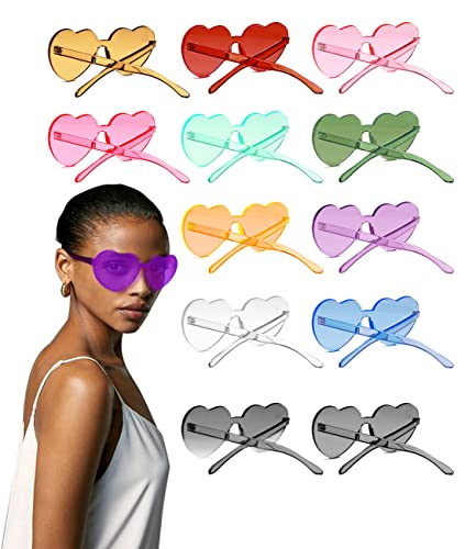 12 Pack Rimless Heart Shaped Sunglasses, Cool Sunglasses Jelly Fudge Series Heart Shaped Glasses Bachelorette Party Favor, Colorful Fun Sunglasses, Plastic Transparent Frameless Sunglasses Party Supplies