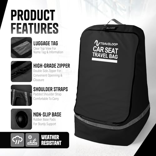 Image of Black Car Seat Travel Bag with Zipper for Airplane - Secure, Water-Resistant 900D Fabric with Padded Shoulder Straps, Luggage Tag, Non-Slip Base & 20x20x35 Inch Size (Black)