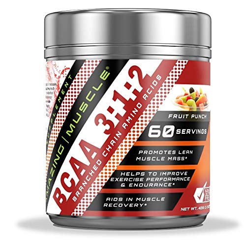 Amazing Muscle BCAA 3-1-2-60 Servings with Enhanced Chain Amino Acids Like L-Leucine, L-Valine, L-Isoleucine and More -Promotes Lean Muscle Mass -Helps to Improve Exercise Performance (Fruit Punch)