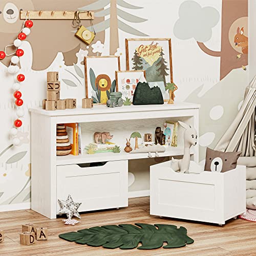 IRONCK Toy Storage Organizer with Drawers, Floor Toy Box with Wheels and Open Shelf, Storage Chest for Nursery, Playroom and Bedroom, White - Thumbnail 2