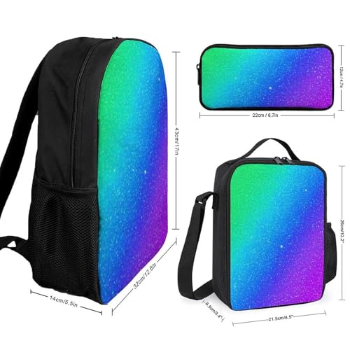 3PCS Backpacks Set, Large Capacity Travel Daypack 17 Inch Beautiful Turquoise Bling Glitter Sparkles Pattern Insulated Lunch Bag Lightweight Compact Pencil Pen Case2