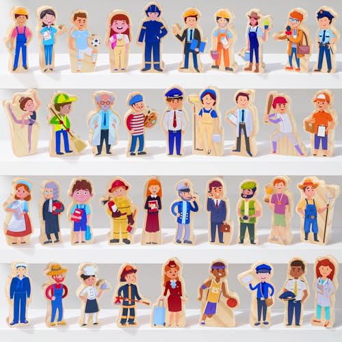38 PCS Wooden Community Helpers Small Multicultural Career People Figures Occupations Dress up for...