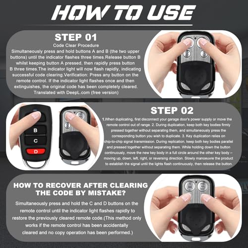Fernbedienung Garagentor, 2 Stück 433 MHz Universal Fernbedienung Klonen, Garagentoröffner Kompatibel mit Marantec, Handsender 433 MHz, für Schalter Licht, Garagentor Autos, Rollladenschalter