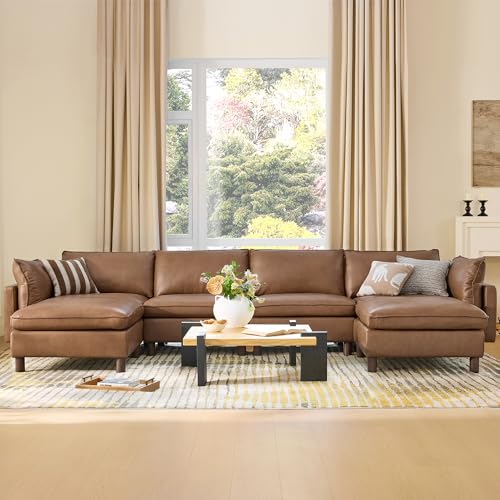 Image of CHITA 161 inch Super Large Sectional Couches for Living Room, Modular Cloud Couch Sectional Sofa, Premium Genuine Leather Sofa, Down Filled, High Density Foam, Real Leather in Saddle, 6 Seat U Shaped