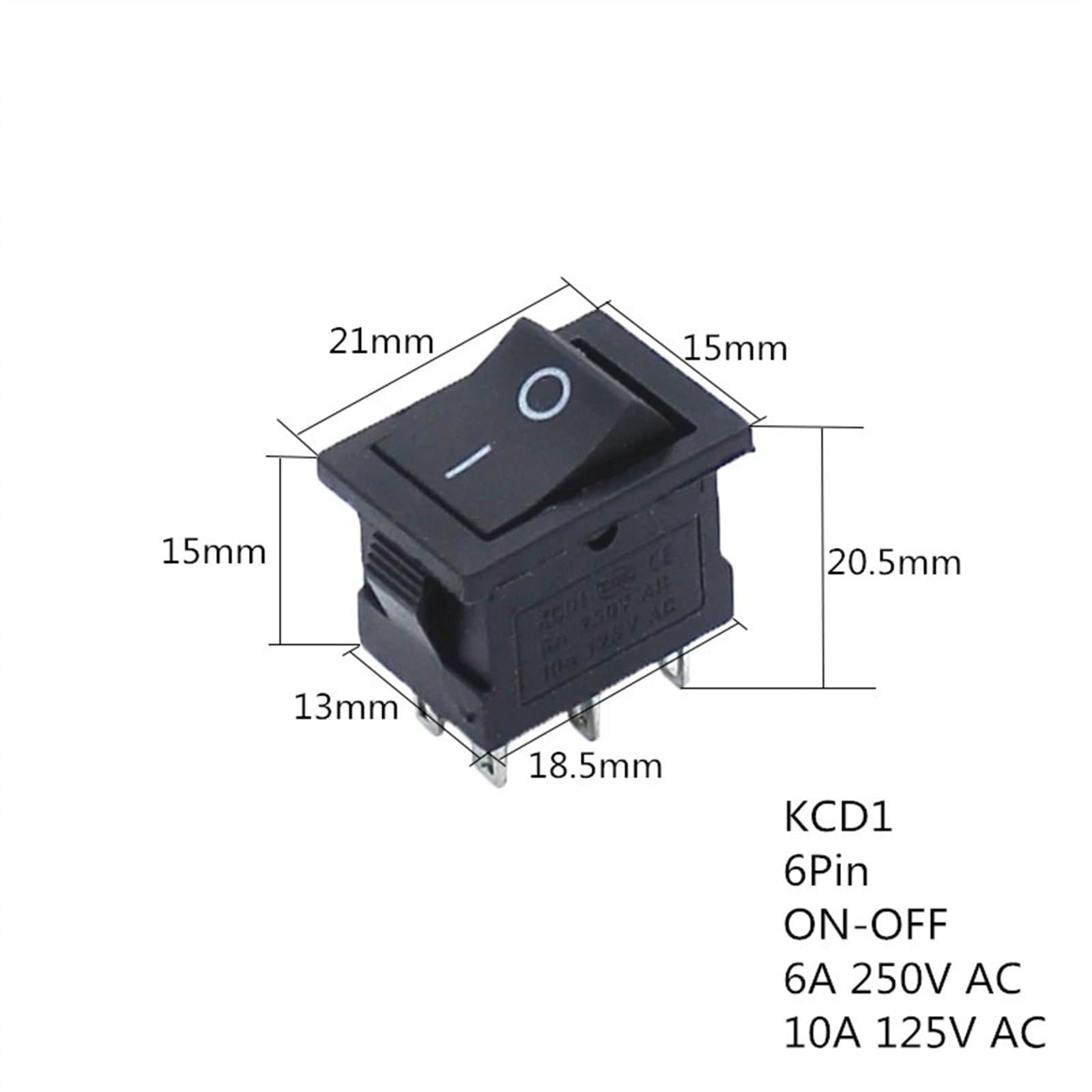 10PCS 6A/250V 10A/125V 6 Pin 21 * 15 mm 2 Position 3Position Boat Rocker Switch on Off Switch KCD1 Black 21x15mm(6Pin ON-Off)