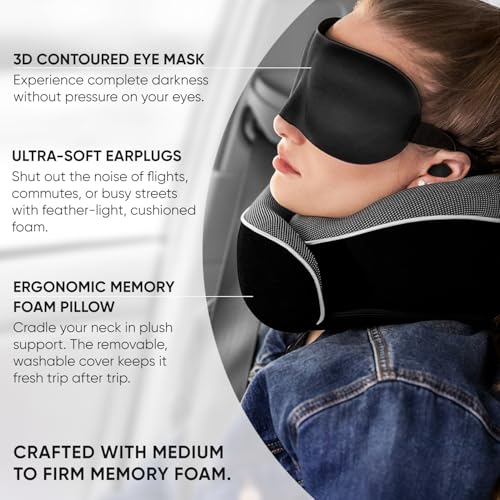Image of Proglobe Airplane Neck Pillow - Travel Pillow Kit with Pure Memory Foam - Updated Resting Material, Airplane Travel Set with 3D Contoured Eye Masks, Earplugs, and Luxury Bag + Bonus Gift (Black)