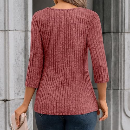 Women Ribbed Knit Sweaters Fashion Hollow Out Eyelet Crewneck Sweater Casual Cozy 3/4 Sleeve Lightweight Pullover Top4