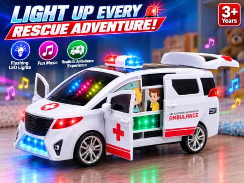 Image of TEC TAVAKKAL Bump & Go Toy Car with Lights & Music, Opening Front Doors, Sliding Side Door &Rear Trunk,360 Rotating Electric Rescue Vehicle, Educational Toy Gift for Kids (Ambulance Car Toy)