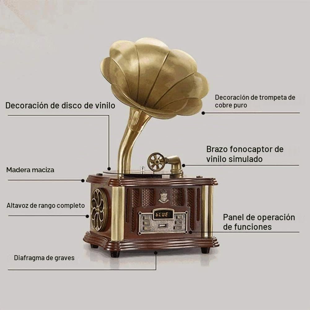 Tocadiscos Gramófono De Vinilo con Altavoz Incorporado, Función Bluetooth, Entrada Auxiliar/USB/FM, Regalo Ideal para Amantes de la Música y Coleccionistas de Vinilos