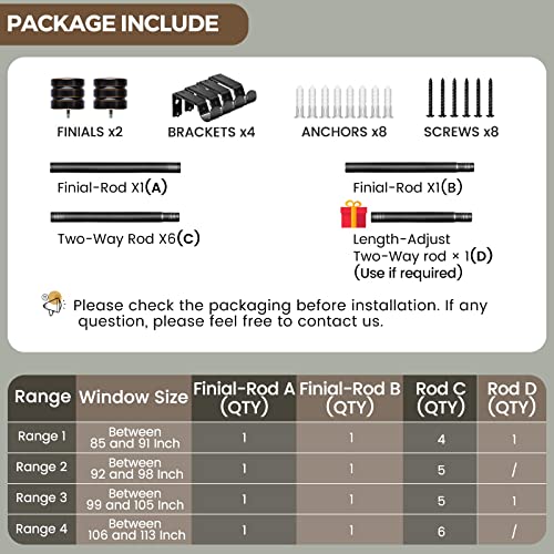 Kamanina 1 Inch Curtain Rod 30 To 117 Inch(2.5-9.6Ft) Black Single Curtain Rods For Windows 85 To 113 Inches, Splicing Adjustable Drapery Rod With Cap End #TOP7