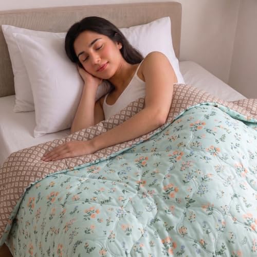 Image of Mafatlal 120 GSM Ultra Reversible Comforter, Ultra Soft Microfiber AC Blanket /Quilt for Single Bed, Lightweight All Season Bedding (90 x 60 Inches) | Light Green