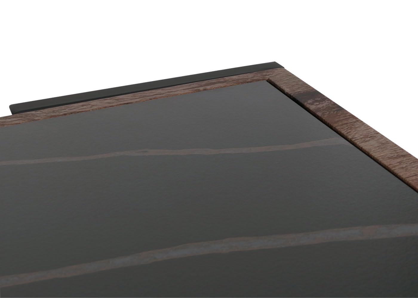 Stolik kawowy do salonu sofa HWC-L89 43 x 120 x 64 cm spiekany kamień MDF czarne nogi ciemne drewno wygląd marmuru brązowy