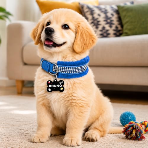 Image of Customized Dog Neck Belt Collar with Name ID Tag, Soft Fur Padded Dog Collar | for 24-35 Kilograms Dogs (L, Blue)