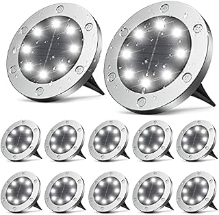 Wasuka Solar Ground Lights, 12-Pack Solar Lights Outdoor Garden 8 LED Solar Garden Lights IP65 Waterproof Solar Powered Lights Solar Disk Lights for Garden Pathway Yard Patio Cold White