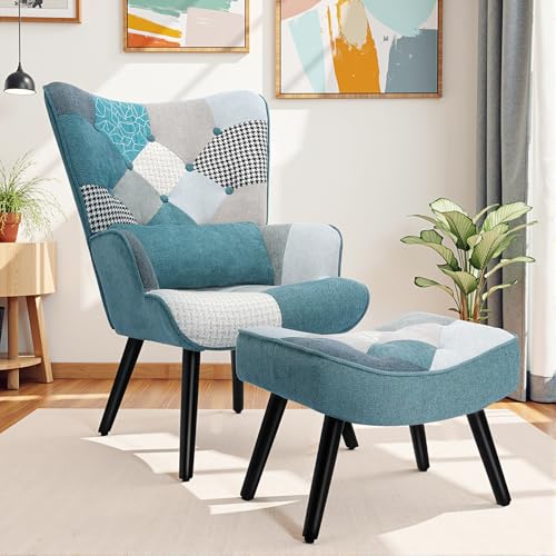 HomeMiYN Sillon Lectura de Patchwork con Otomana, Sofá Individual Tapizado en Tela Premium, Respaldo Alto y Almohada Lumbar, Patas de Madera Maciza para Salón, Dormitorio o Estudio,Azul