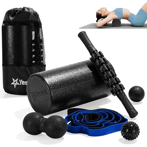 Yes4All Foam Muscle Roller Set, 7-in-1 High-Density Set of Back Roller, Fascia Massage Tool, Stretch Strap, Spiky, Peanut & Smooth Massage Balls, Carry Bag - Ideal for Muscle Care & Relaxation