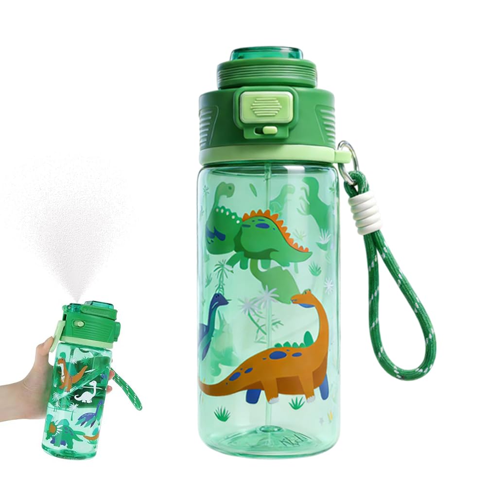 LUFEIS Water Bottle with Straw, 600ml Leakproof Sport Bottle with Cute Cartoon Dinosaur Pattern & Spray Function, Cute Plastic Drinking Bottles for Outdoor Sports, Camping, Picnic, School (Dinosaur)