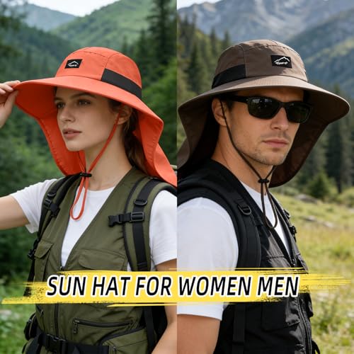 Image of Rosoz Outdoor Sun Hat for Men Women, UPF50+ Protection Safari Cap Wide Brim Mesh Fishing Hat with Neck Flap Beach Garden