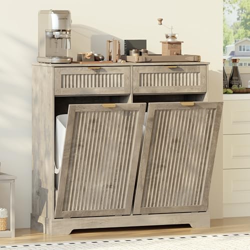 Image of Double 13 Gallon Tilt Out Trash Can Cabinet,Garbage Cabinet with Drawer | Hidden Garbage Storage with Fluted Design, Drawer & Hooks for Kitchen, Dining Room and Small Space Organization,Wood Grey