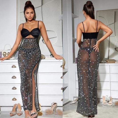 Image of PORRCEY Women's Sexy Rhinestone Mesh See Through Party Night Prom Dress